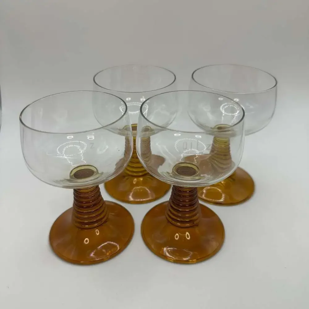 Set of 4 Vintage MCM Luminarc Roemer Amber Beehive Stem Wine Goblets 1970s